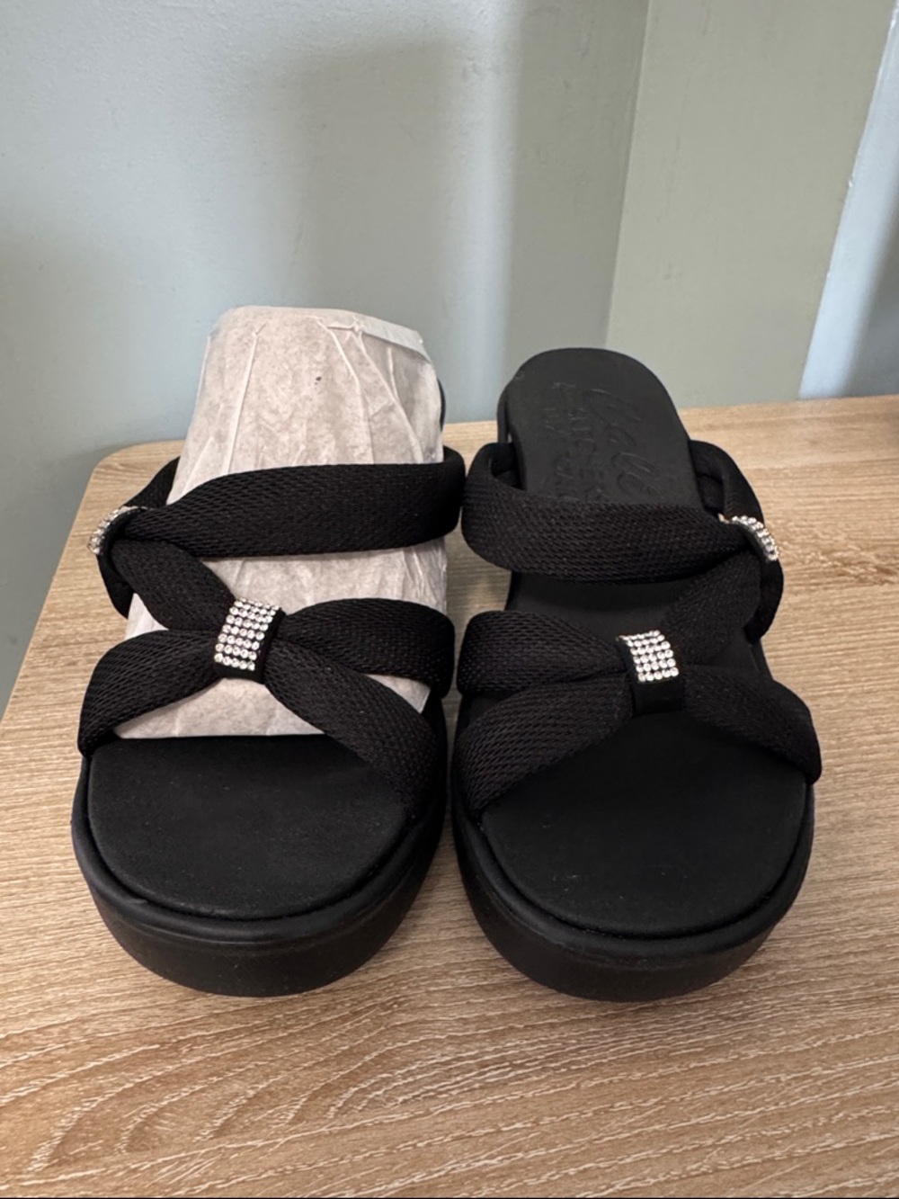 Cali Skechers Black Slide Sandals with Rhinestone Accents